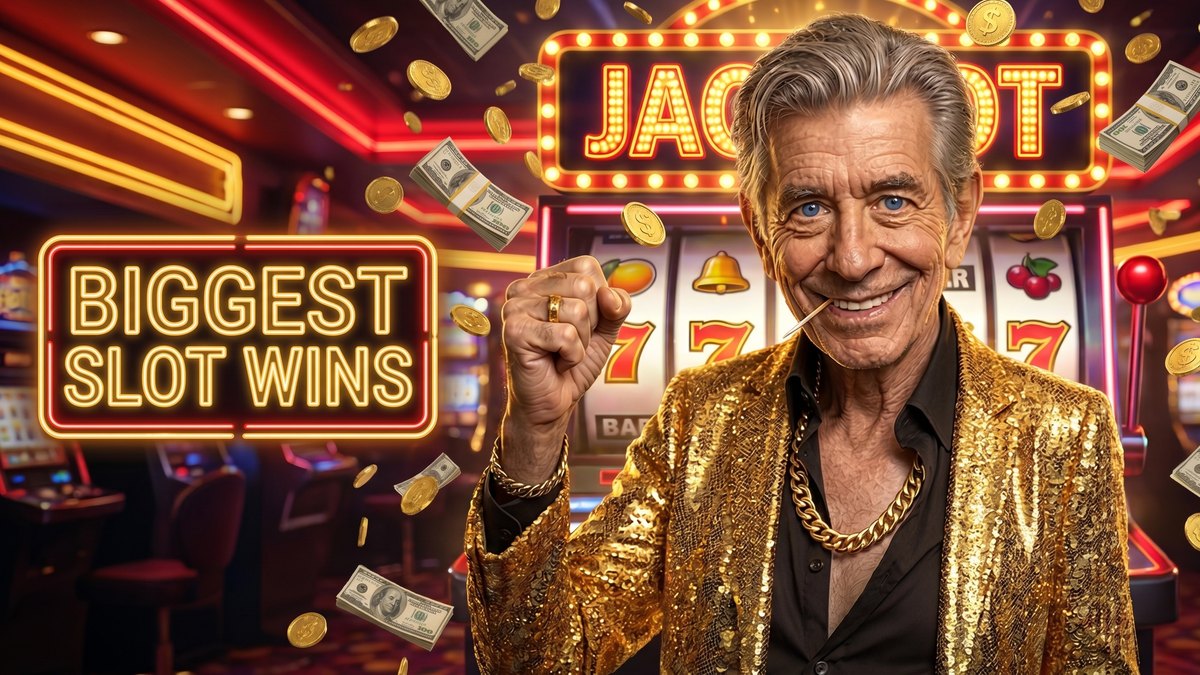 Chip raising a fist beside a BIGGEST SLOT WINS neon sign with a jackpot and cash raining down