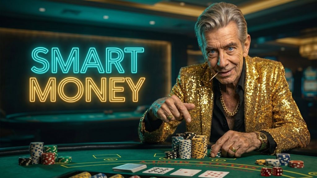 Chip pointing at chips on a casino table beside a SMART MONEY neon sign