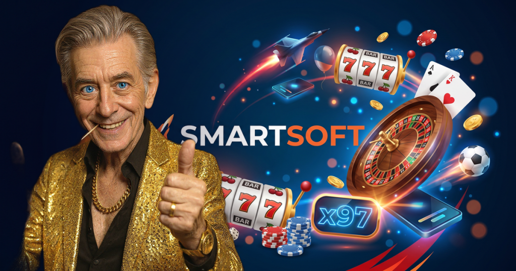 SMARTSOFT casino review featuring ChipReign character, branded game montage backdrop