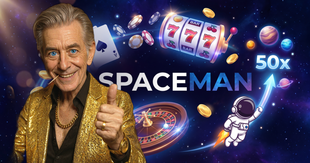 SPACEMAN casino review featuring ChipReign character, branded game montage backdrop