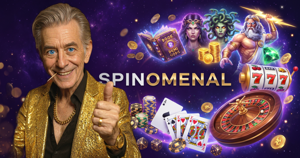 SPINOMENAL casino review featuring ChipReign character, branded game montage backdrop