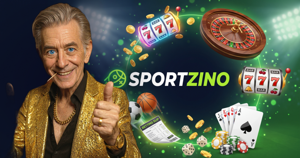 SPORTZINO casino review featuring ChipReign character, branded game montage backdrop