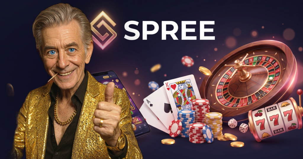 SPREE casino review featuring ChipReign character, branded game montage backdrop