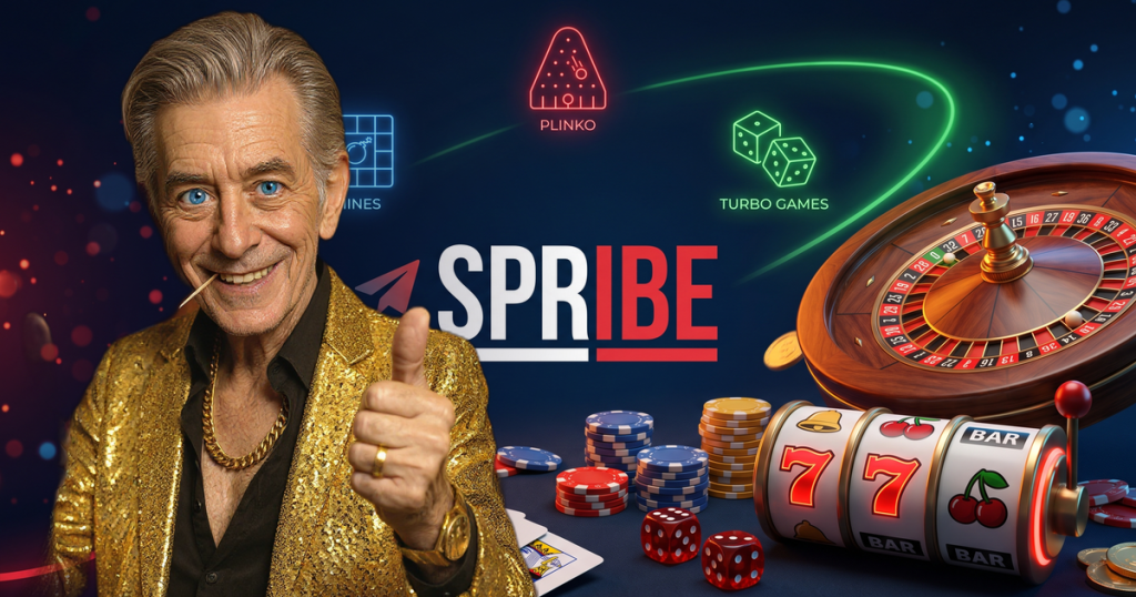 SPRIBE casino review featuring ChipReign character, branded game montage backdrop