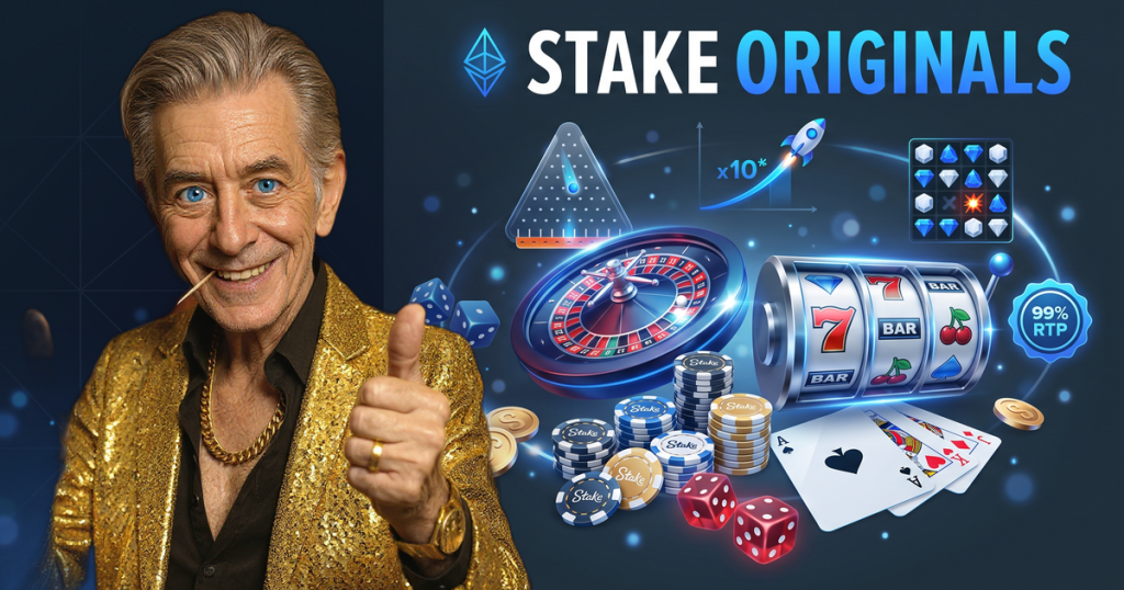 STAKE ORIGINALS casino review featuring ChipReign character, branded game montage backdrop