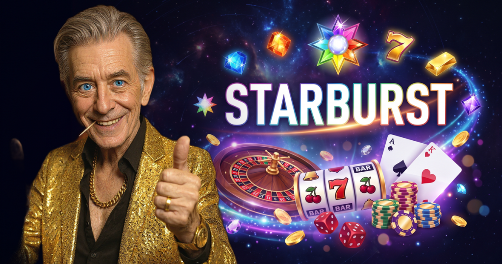 STARBURST casino review featuring ChipReign character, branded game montage backdrop