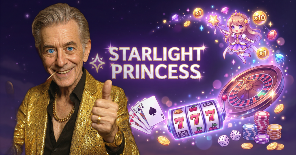 STARLIGHT PRINCESS casino review featuring ChipReign character, branded game montage backdrop