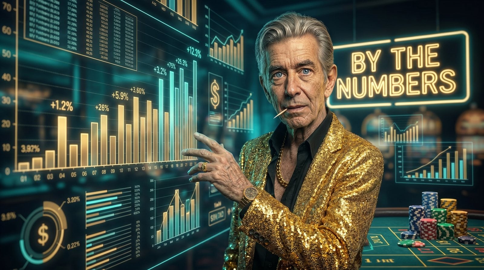 Chip in a gold blazer studying glowing casino statistics charts under a neon sign reading By The Numbers
