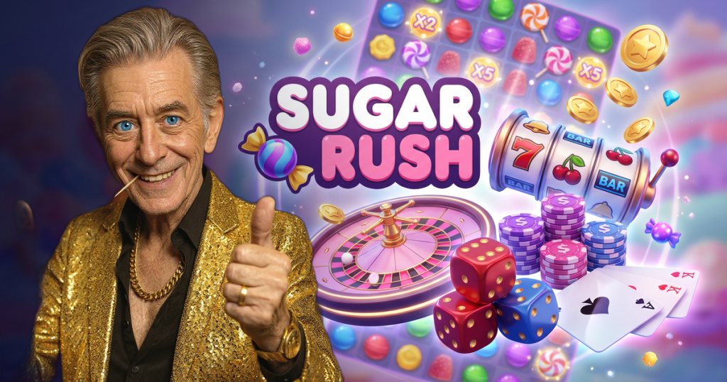 SUGAR RUSH casino review featuring ChipReign character, branded game montage backdrop