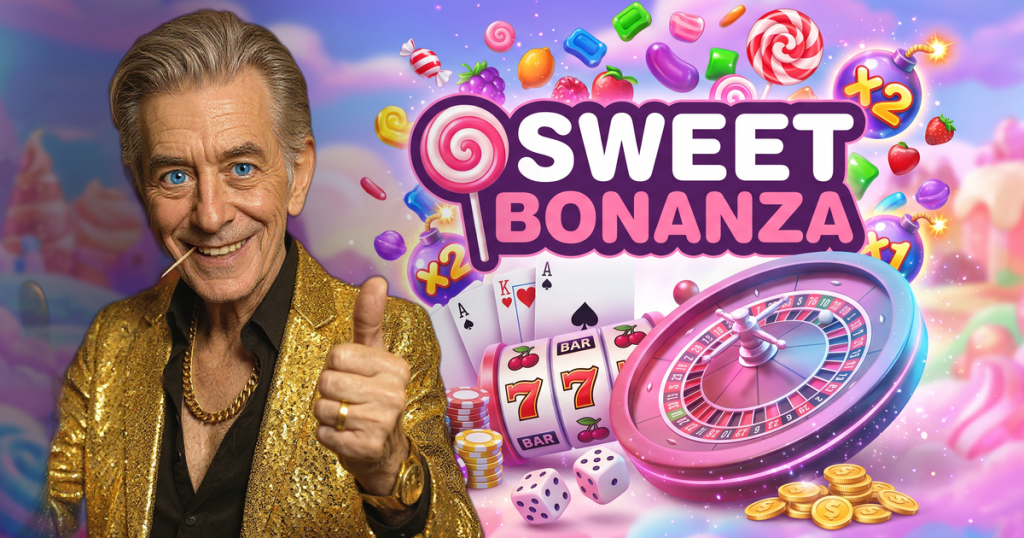 SWEET BONANZA casino review featuring ChipReign character, branded game montage backdrop