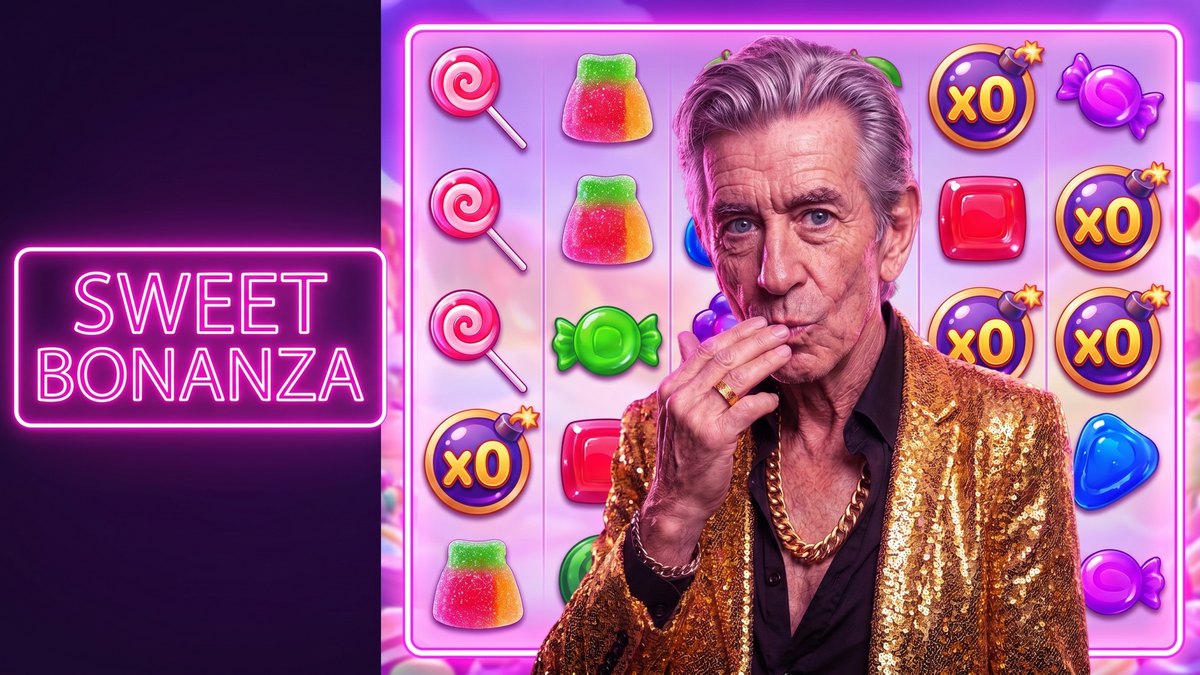 Chip doing a chef's-kiss beside a SWEET BONANZA neon sign with candy and multiplier bombs
