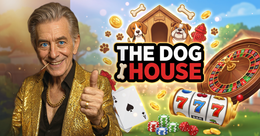 THE DOG HOUSE casino review featuring ChipReign character, branded game montage backdrop