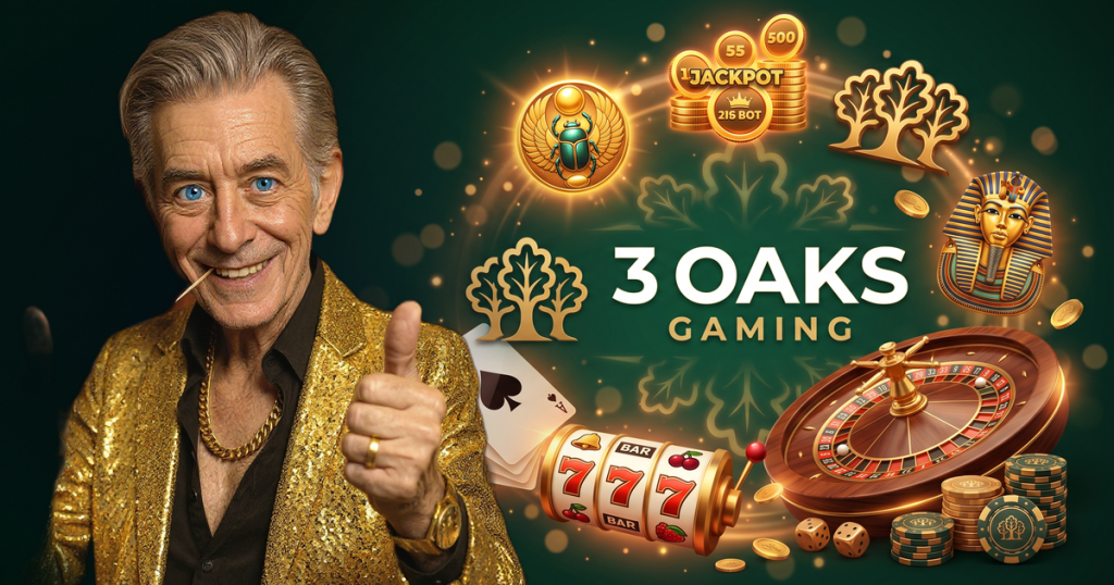 3 OAKS casino review featuring ChipReign character, branded game montage backdrop