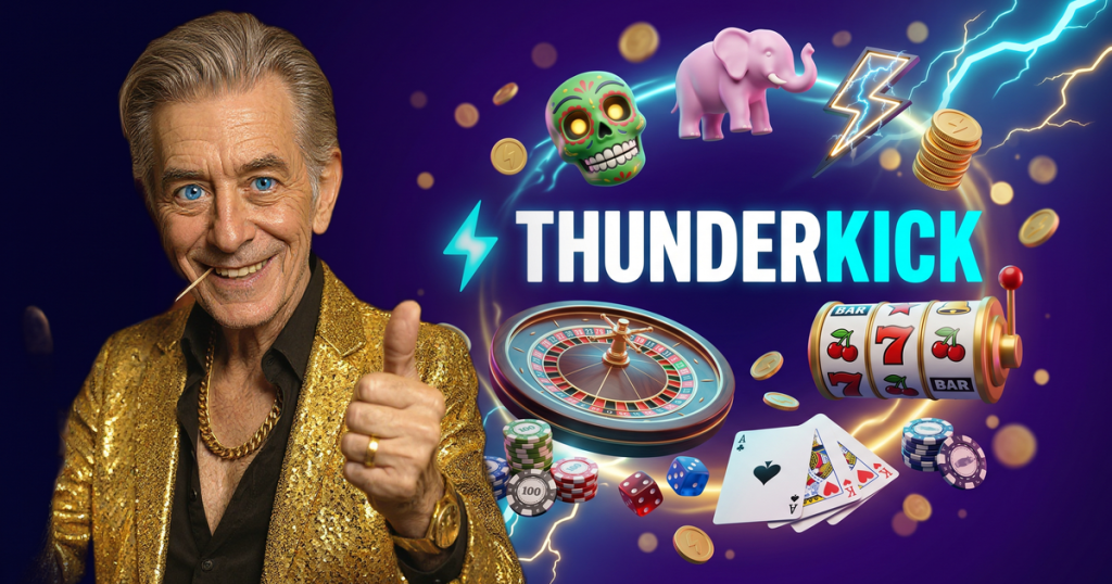 THUNDERKICK casino review featuring ChipReign character, branded game montage backdrop
