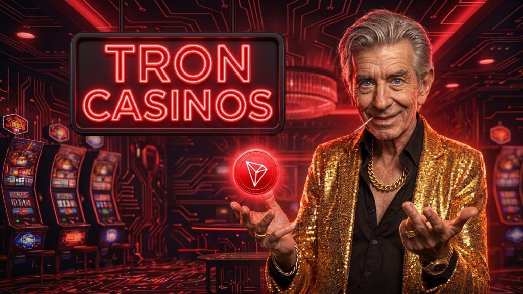 Chip beside a TRON CASINOS neon sign with a glowing TRX coin