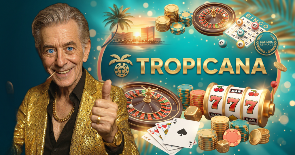 TROPICANA casino review featuring ChipReign character, branded game montage backdrop