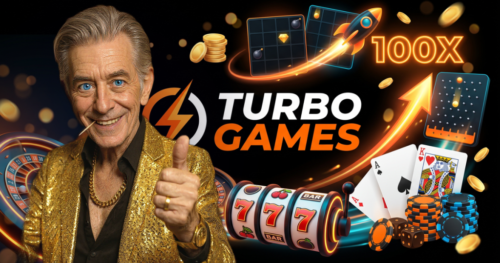 TURBO GAMES casino review featuring ChipReign character, branded game montage backdrop