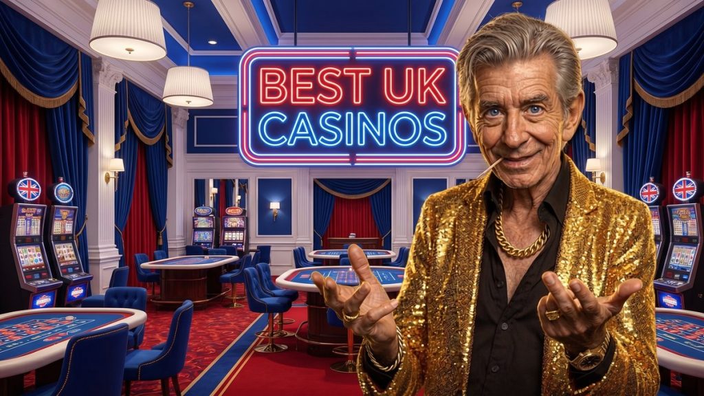 Chip beside a BEST UK CASINOS neon sign in a British casino lobby