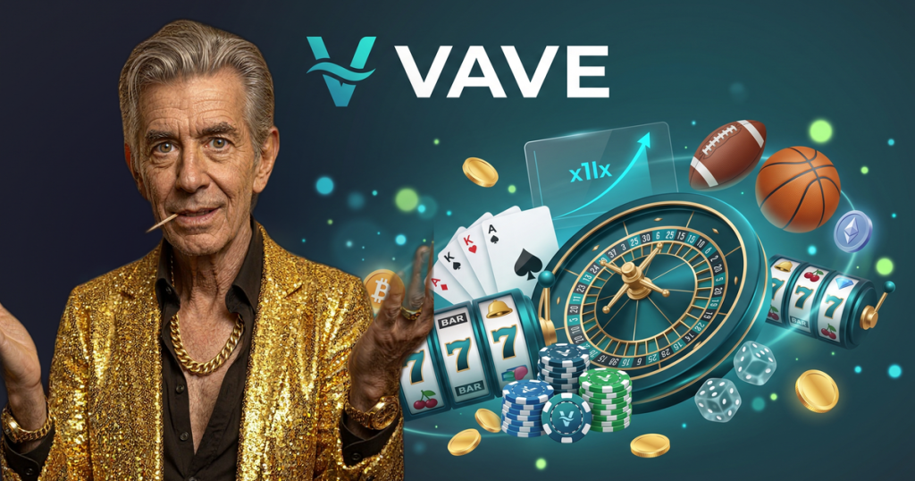 VAVE casino review featuring ChipReign character, branded game montage backdrop