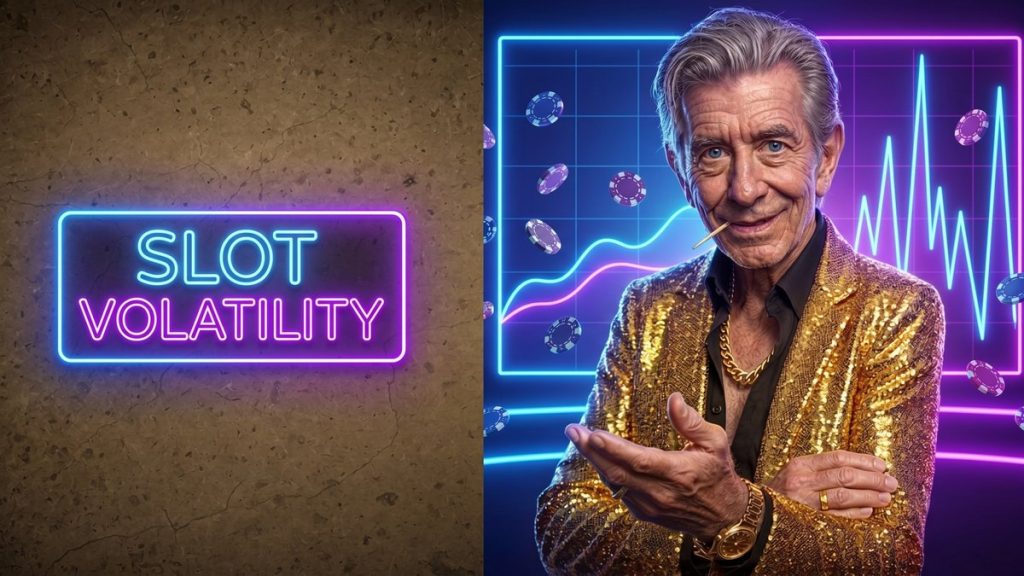 Chip beside a SLOT VOLATILITY neon sign with low and high payout graphs