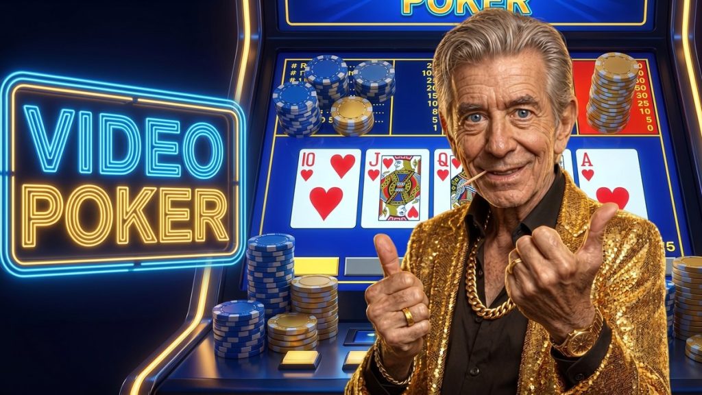 Chip pointing approvingly beside a VIDEO POKER neon sign with a royal flush on screen