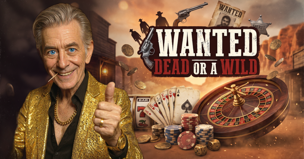 WANTED DEAD OR A WILD casino review featuring ChipReign character, branded game montage backdrop