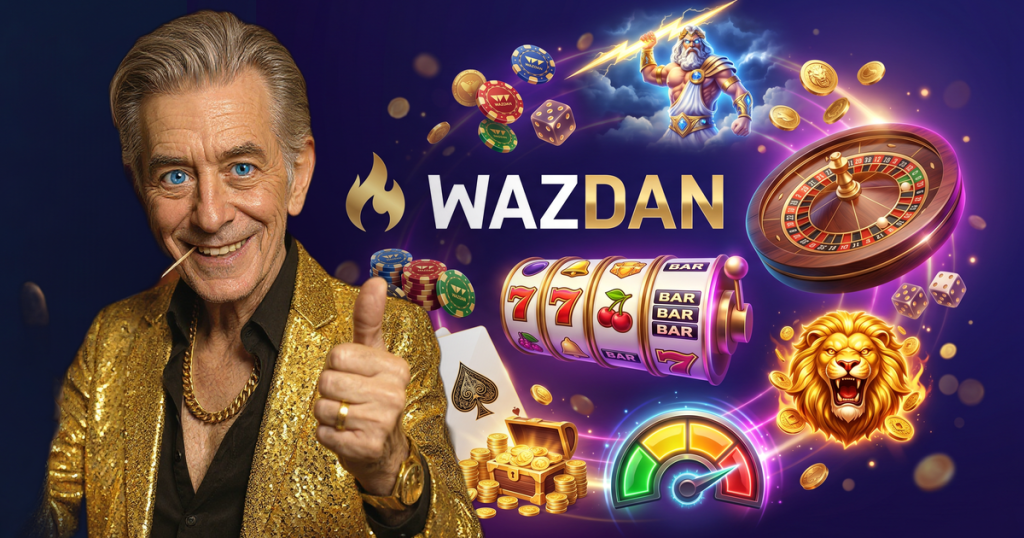 WAZDAN casino review featuring ChipReign character, branded game montage backdrop