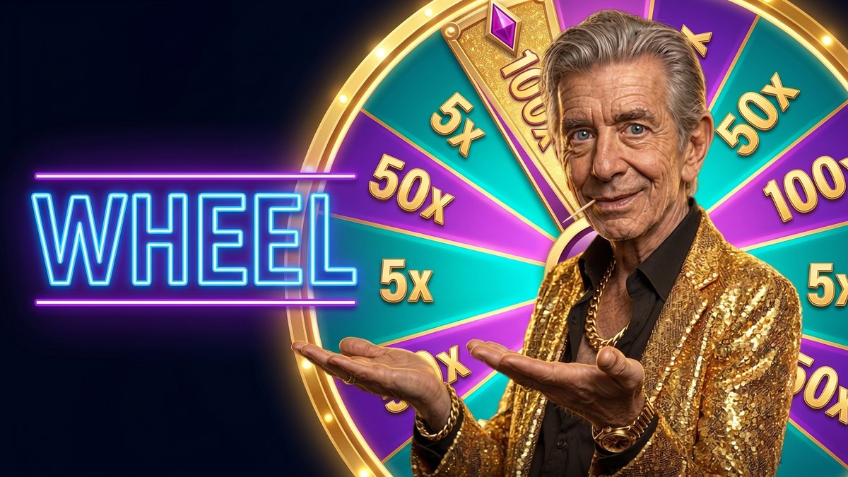 Chip presenting beside a WHEEL neon sign with a segmented multiplier wheel