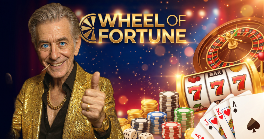 WHEEL OF FORTUNE casino review featuring ChipReign character, branded game montage backdrop