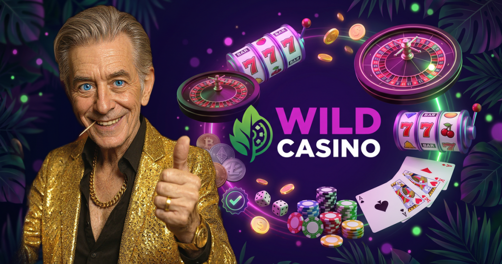 WILD CASINO casino review featuring ChipReign character, branded game montage backdrop