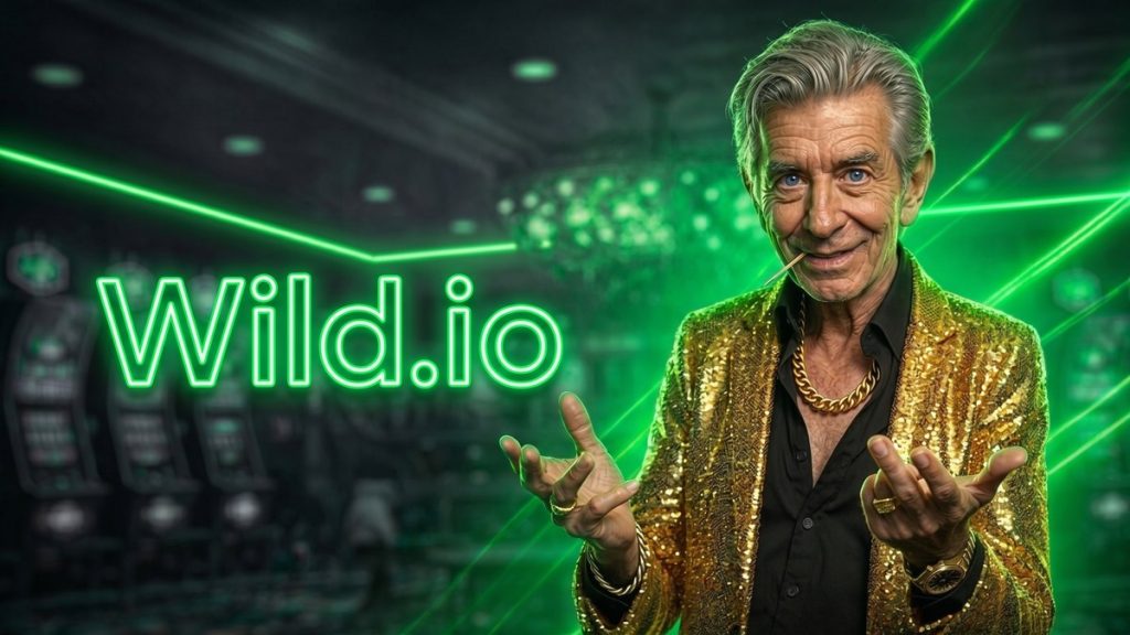 Chip, the ChipReign host in his gold sequin blazer, in a Wild.io casino lobby with the Wild.io logo in its brand colours