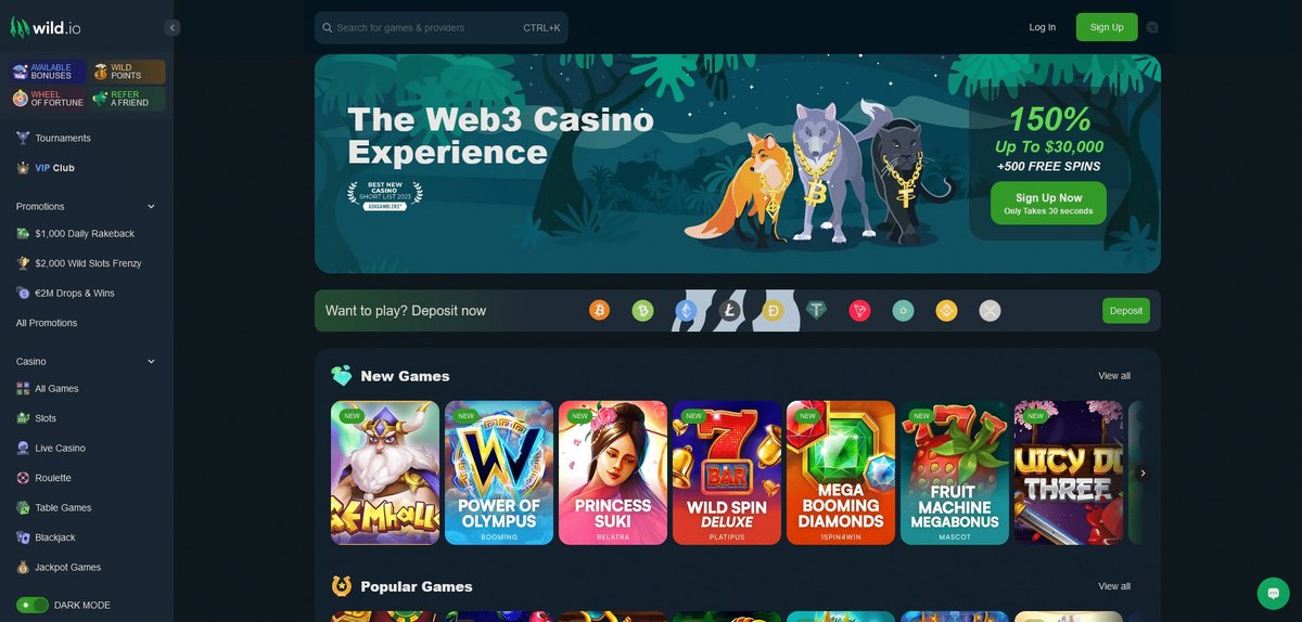 Wild.io crypto casino homepage with the 150 percent bonus and crypto coins