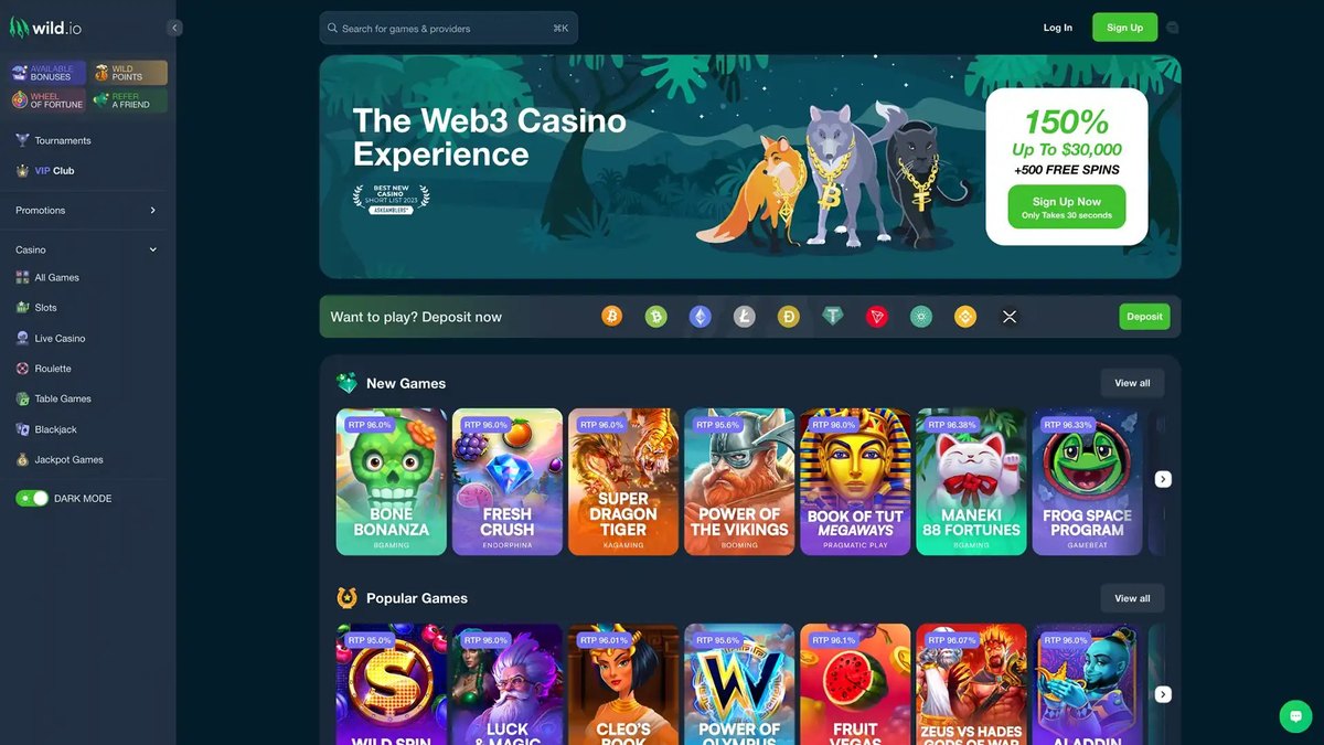 Wild.io lobby showing Wild Originals provably fair games and bonuses
