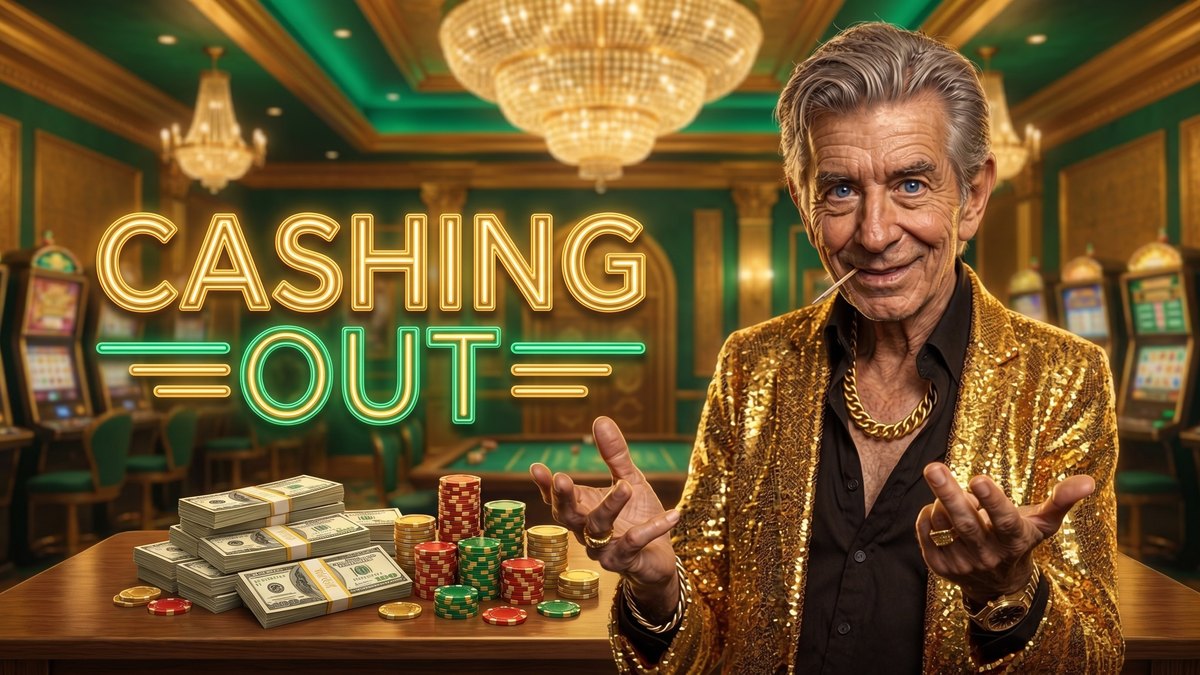 Chip in a casino lobby beside a CASHING OUT neon sign with cash stacks