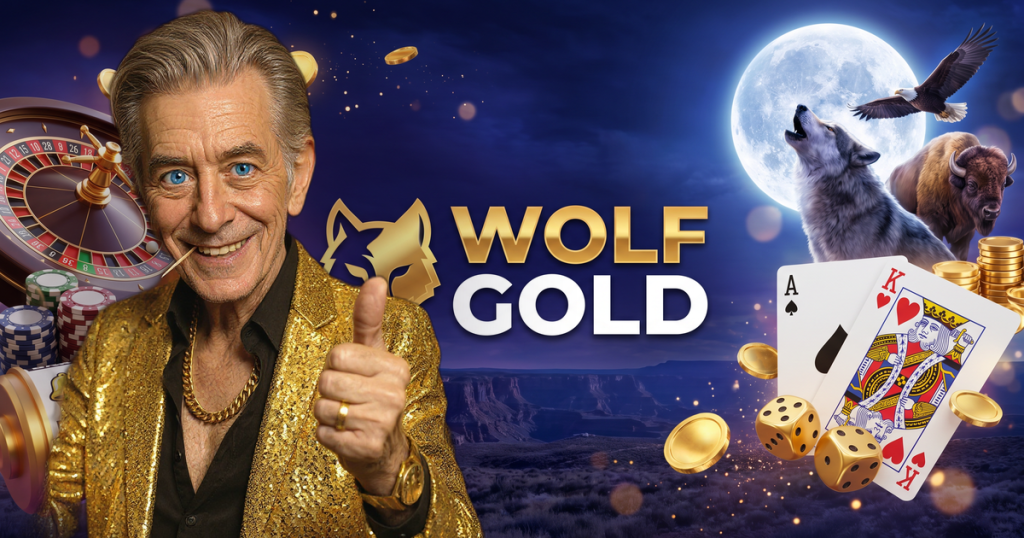 WOLF GOLD casino review featuring ChipReign character, branded game montage backdrop