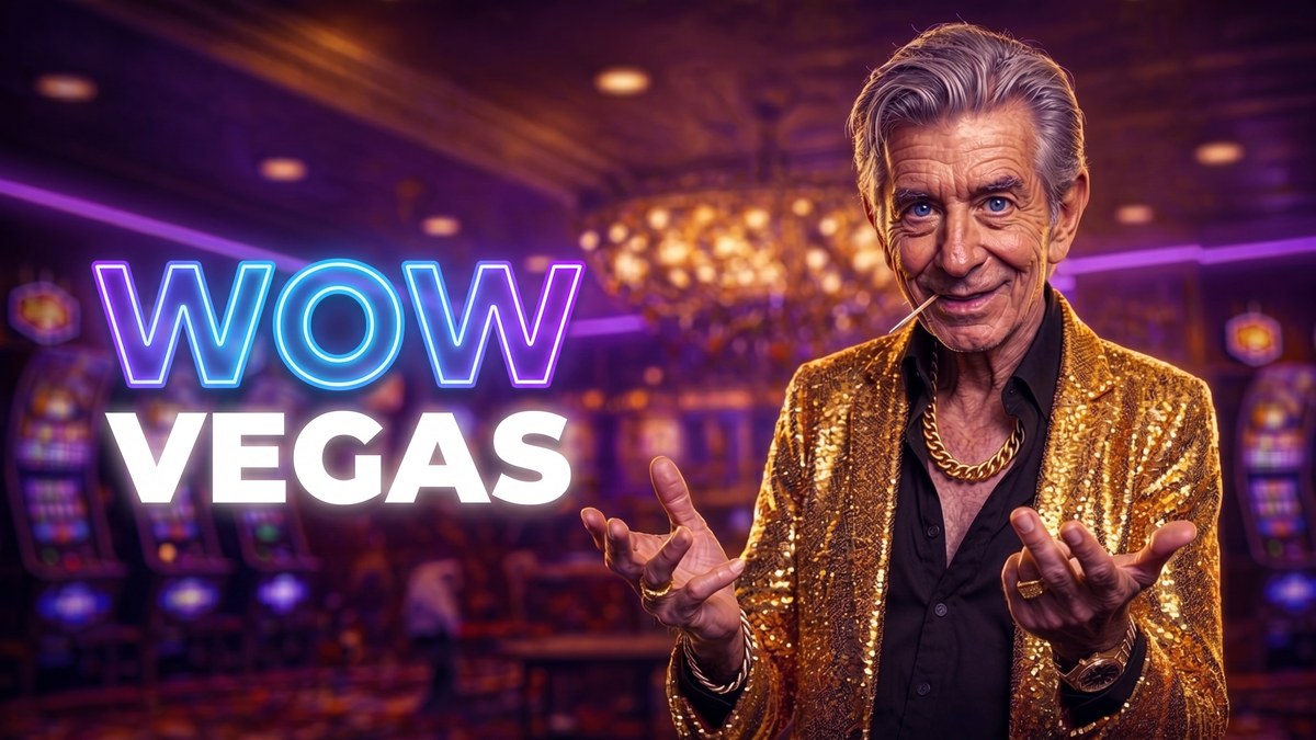 Chip, the ChipReign host in his gold sequin blazer, in a WOW Vegas lobby with the WOW Vegas logo in purple and gold