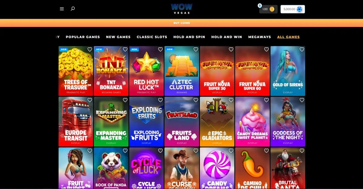 WOW Vegas casino All Games lobby showing dozens of slots from Pragmatic Play and EvoPlay