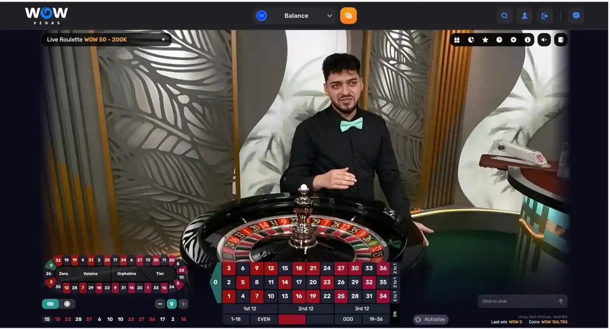 WOW Vegas live dealer roulette table with a real dealer, powered by Evolution