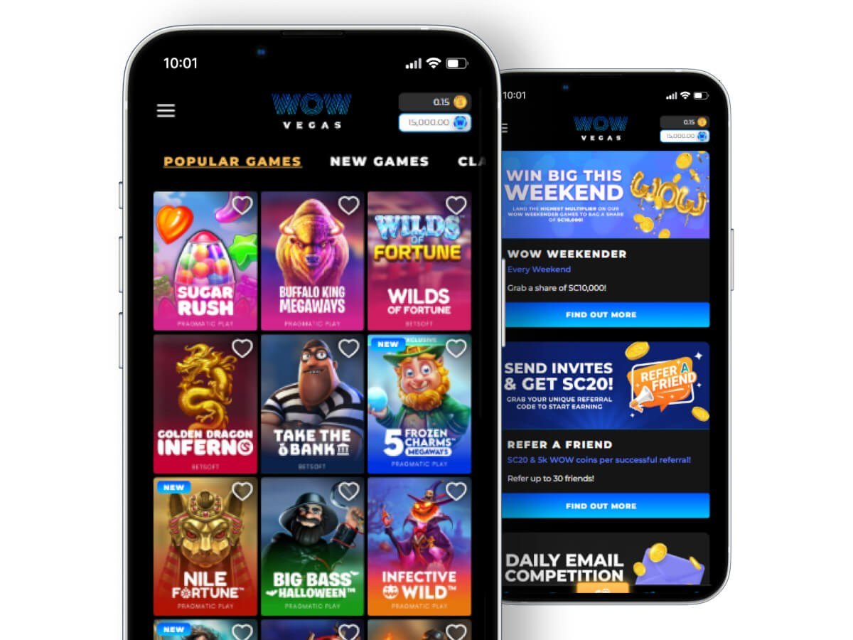 WOW Vegas on two phones showing the Popular Games lobby with Sweeps Coins balance