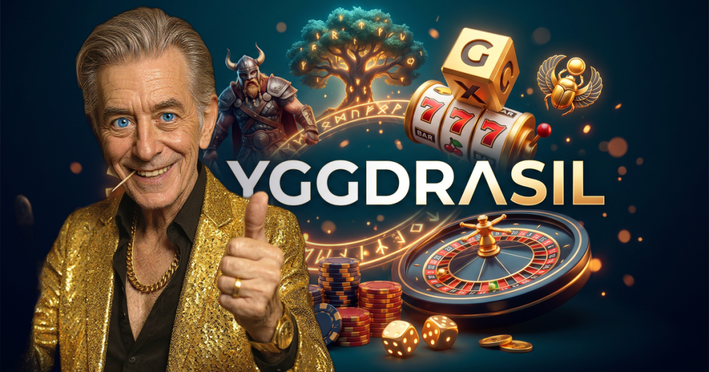 YGGDRASIL casino review featuring ChipReign character, branded game montage backdrop