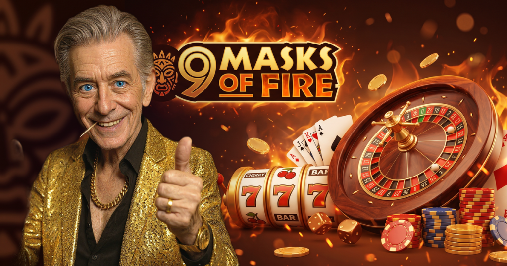 9 MASKS OF FIRE casino review featuring ChipReign character, branded game montage backdrop