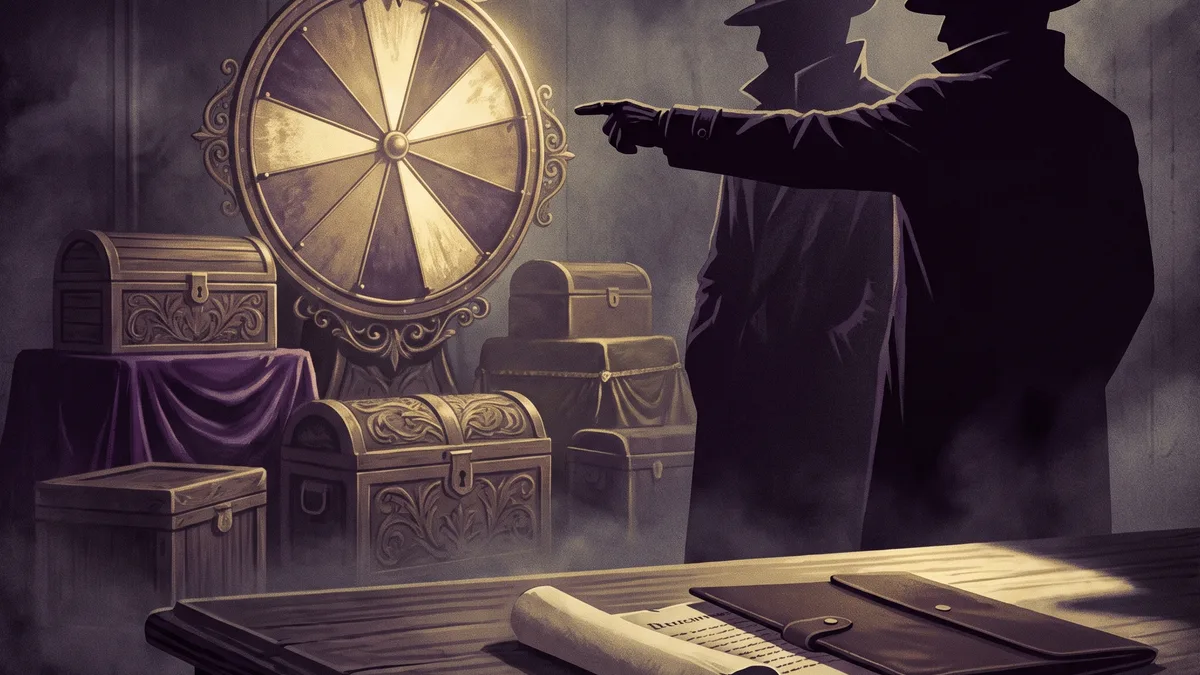 Two shadowy figures behind a glowing prize wheel gesturing toward the viewer
