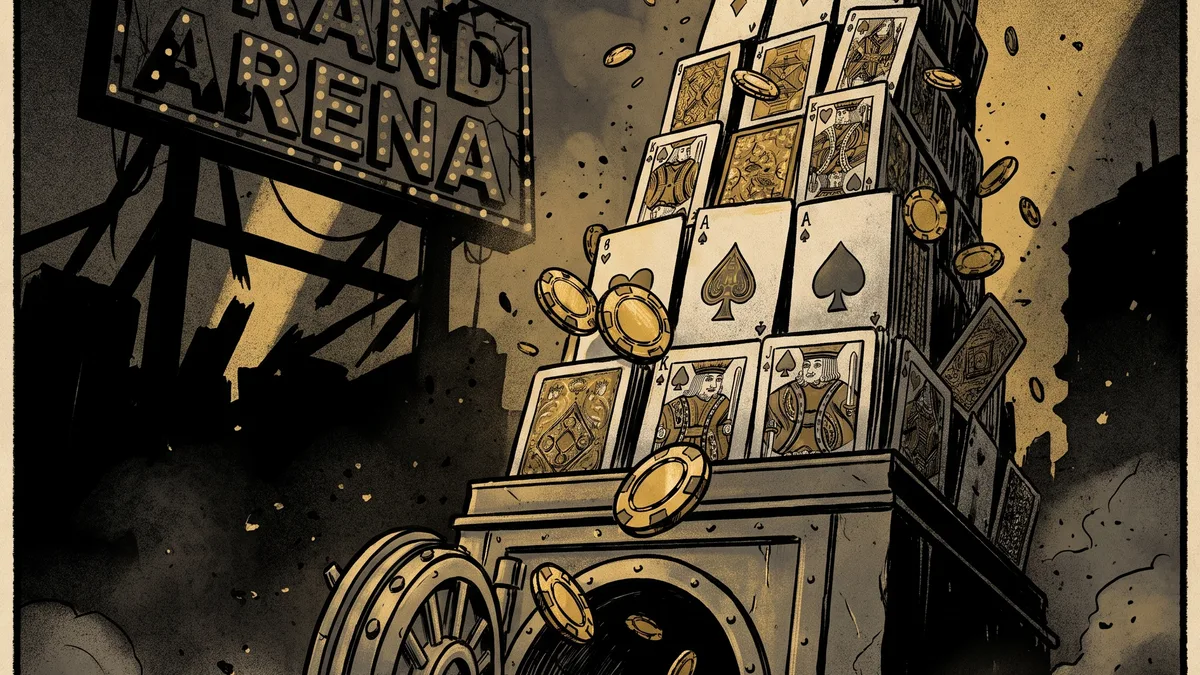 A tower of playing cards and casino chips mid-collapse over an empty vault