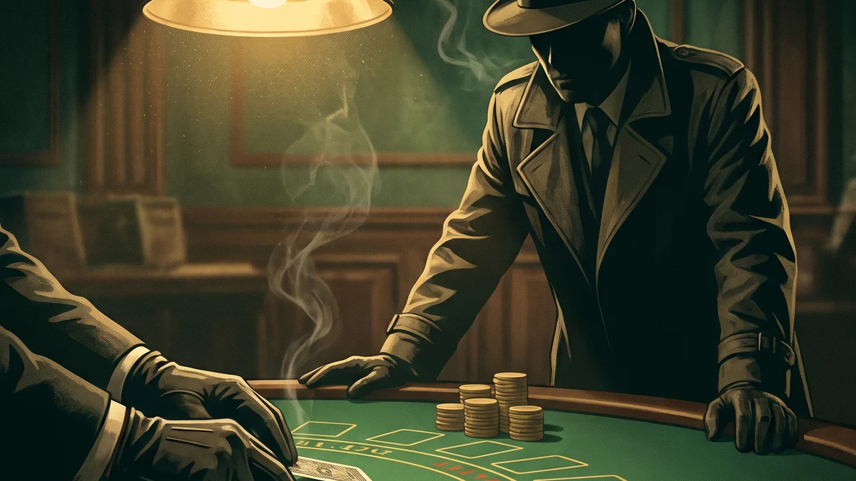 Film-noir illustration of an edge-sorting baccarat scene