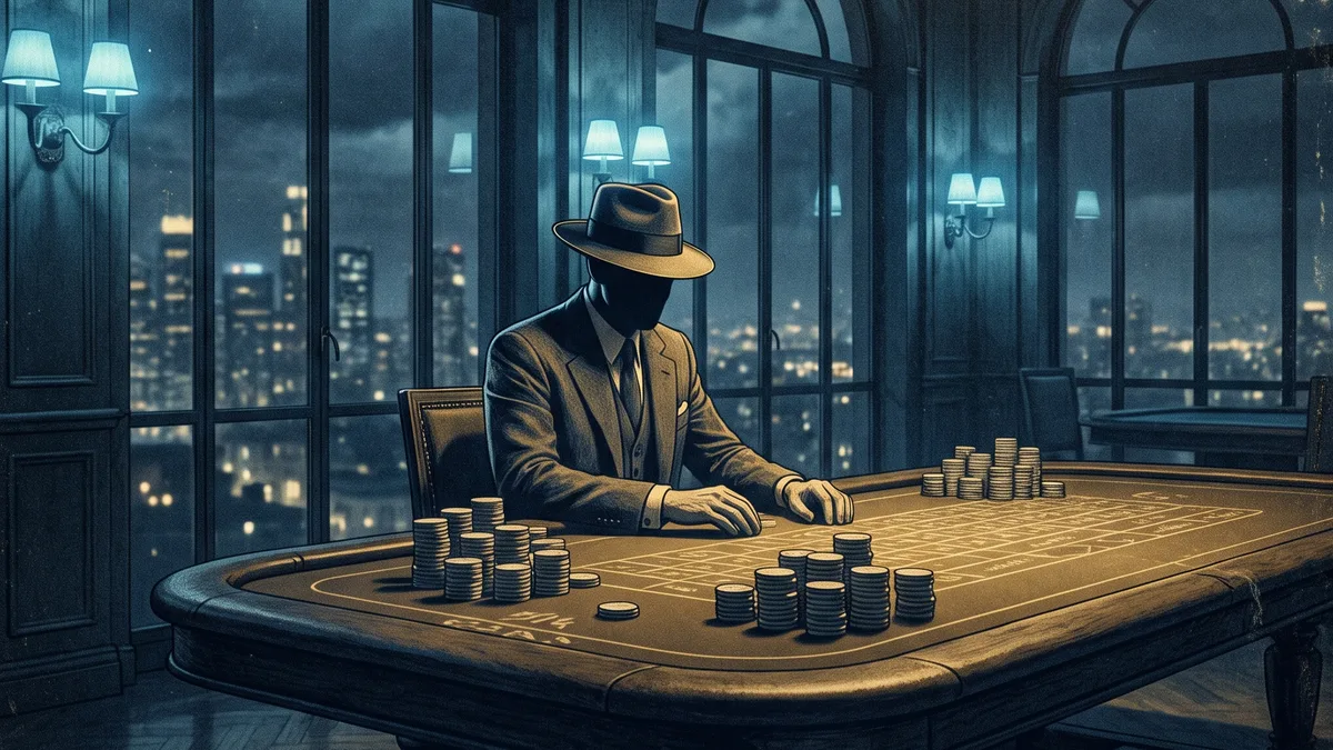 A lone man dwarfed by an enormous baccarat table in an opulent high-roller salon