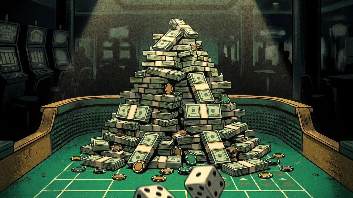 A mountain of cash and casino chips on a craps table under a single spotlight