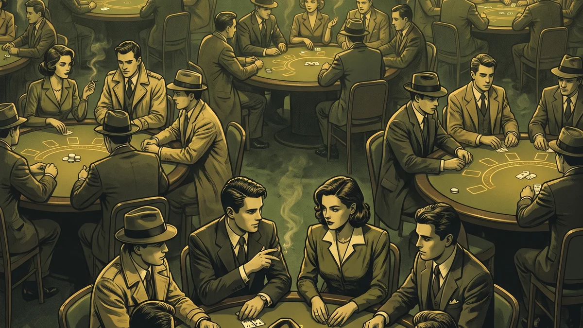 Illustration of a card-counting team working a casino floor