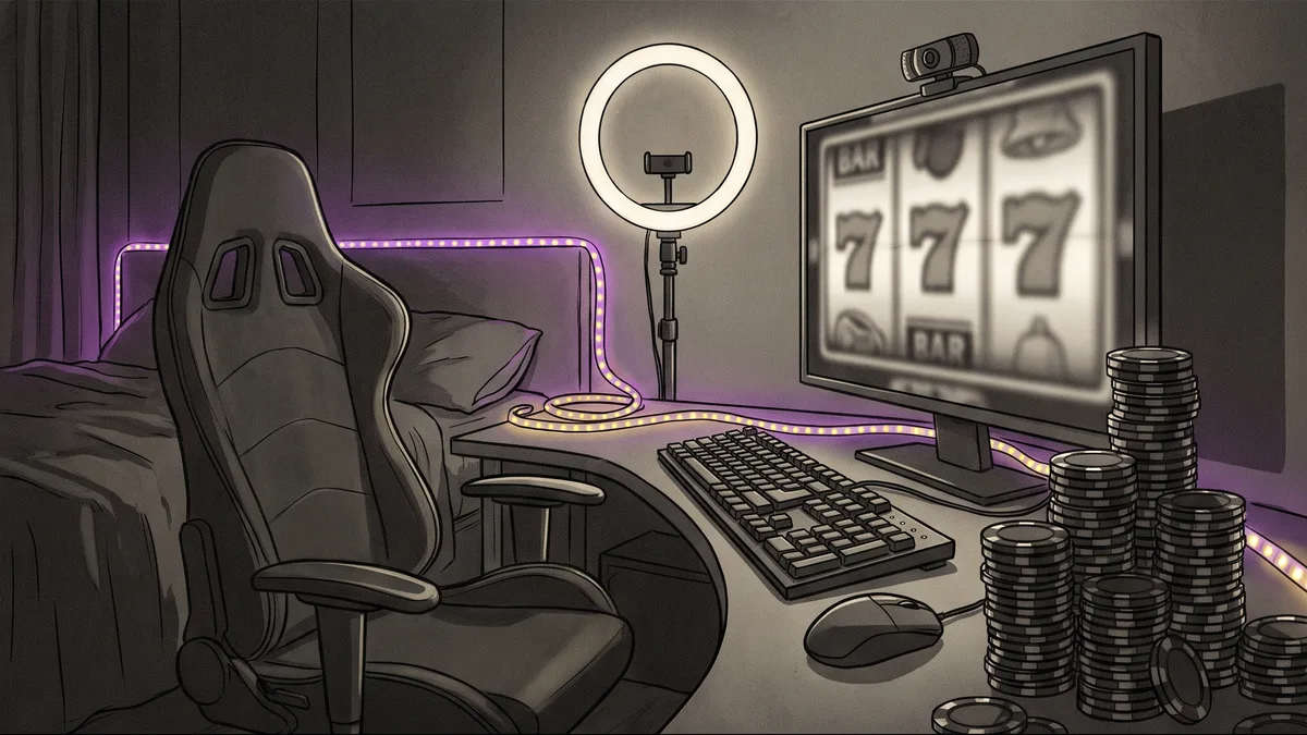A neon-lit streaming setup with a slot reel on the monitor and casino chips beside the keyboard