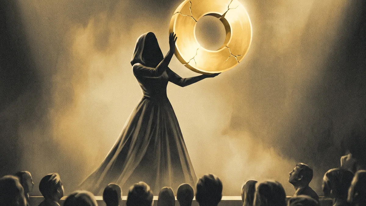 A film-noir illustration of a glamorous figure on stage holding a hollow golden coin