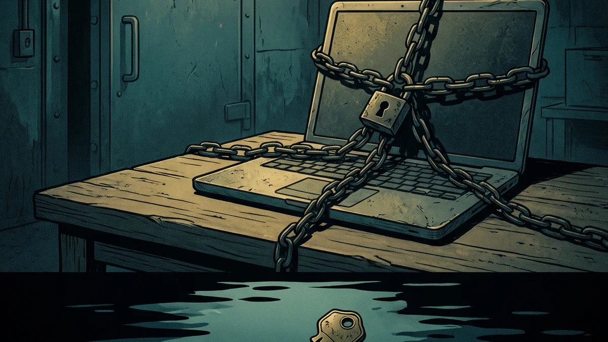A padlocked laptop beside a handleless vault and a key sinking into dark water